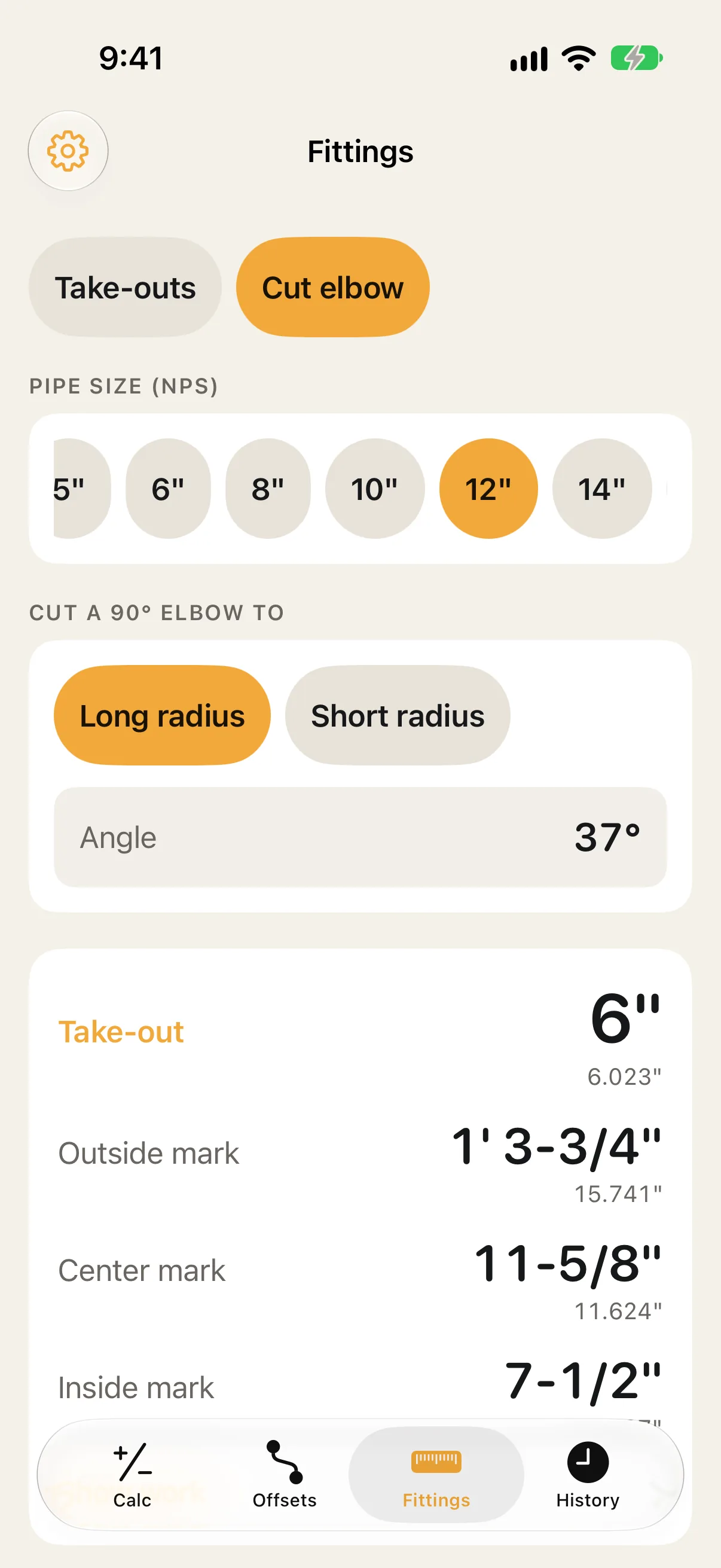A 12 inch long-radius elbow cut to 37 degrees: take-out 6 inches, outside mark 1 foot 3 and 3/4, center 11 and 5/8, inside 7 and a half