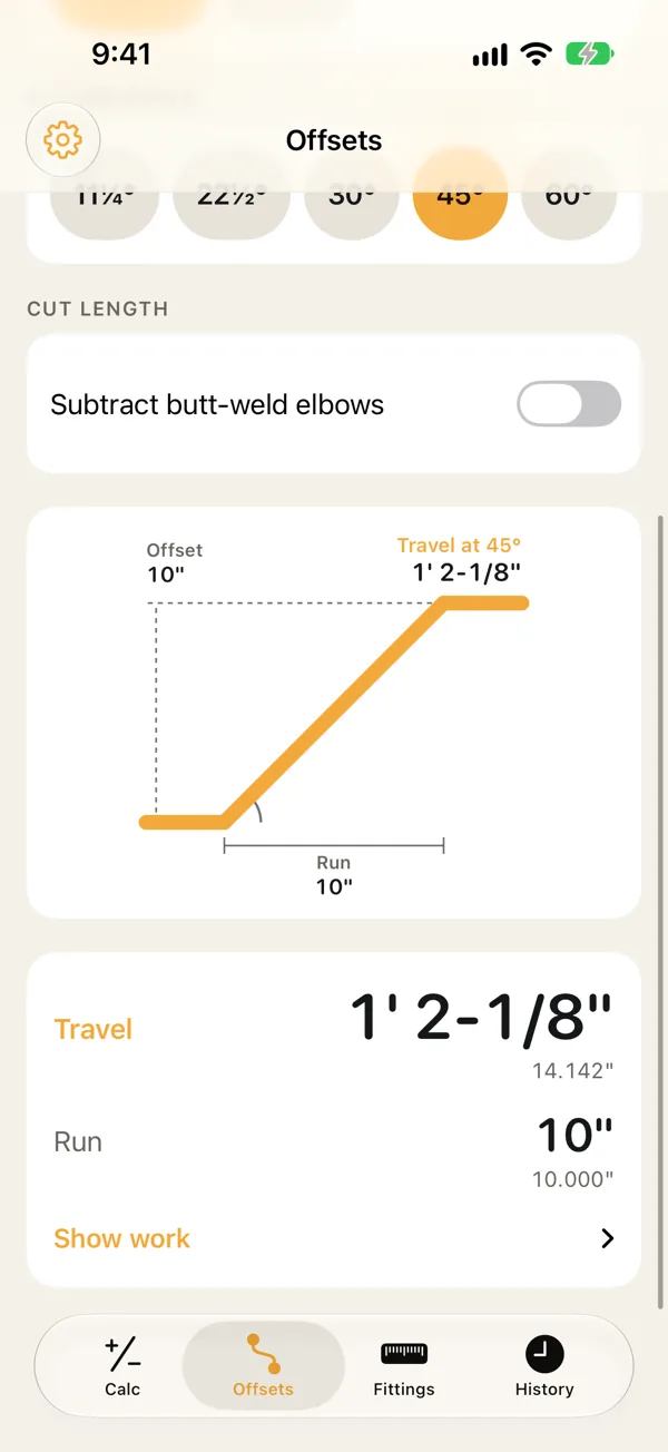 FitterPad showing a 10 inch offset at 45 degrees drawn to scale: travel 1 foot 2 and 1/8 inches, run 10 inches