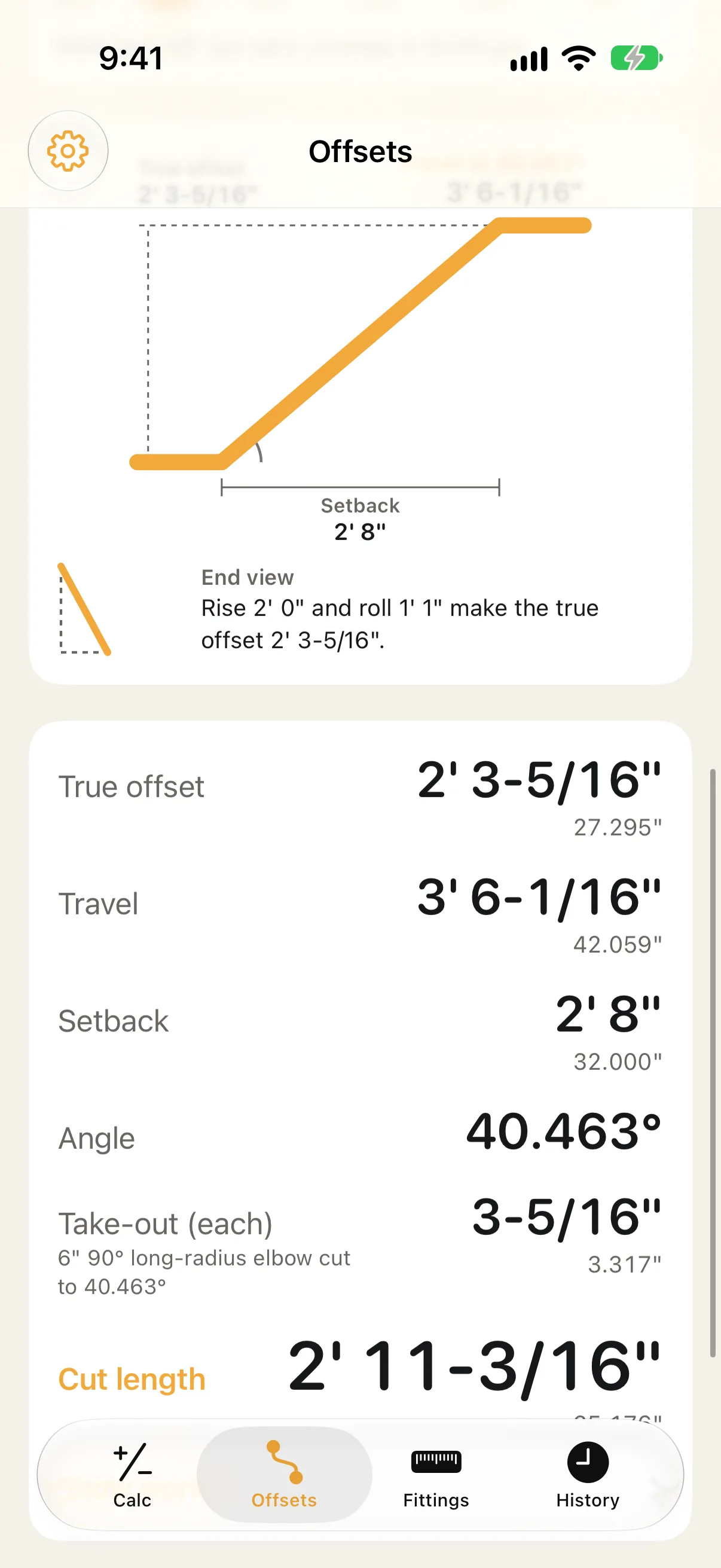 A rolling offset: rise 2 feet, roll 1 foot 1 inch, true offset 2 feet 3 and 5/16 inches, with an end view